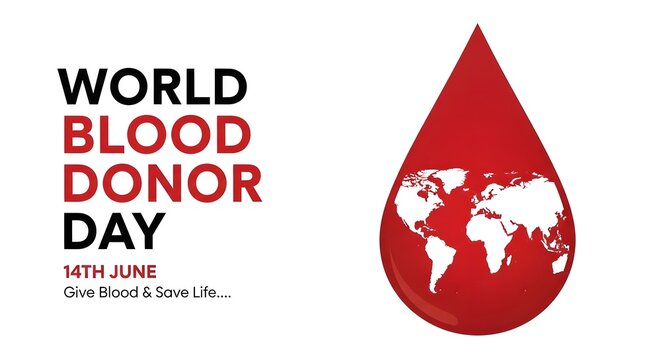 World blood donor day concept with a large red blood drop containing a world map silhouette isolated on white background