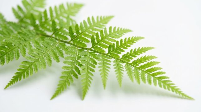 Vibrant green fern leaf on white background, fresh botanical frond with detailed texture, organic plant foliage for minimalist nature design