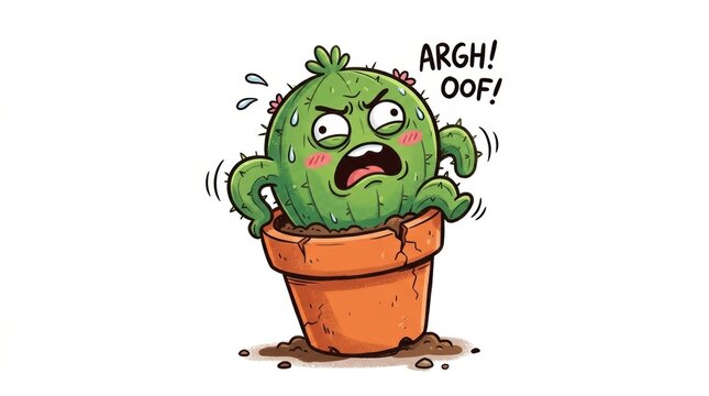 Funny cactus cartoon character struggling in a small pot, angry succulent plant with frustrated expression, humorous green cactus mascot on white background