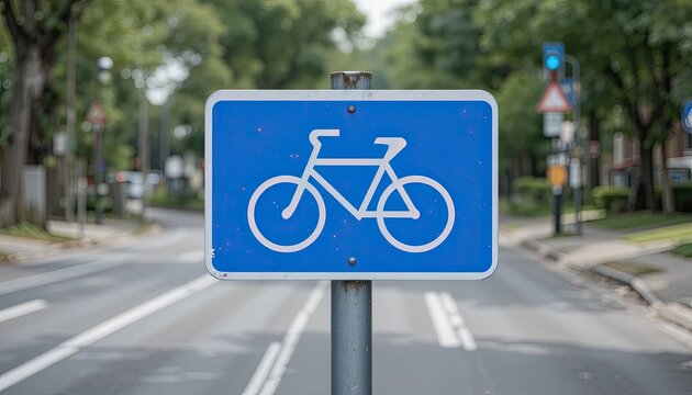 Blue bicycle sign on a metal post indicating a bike lane on a city street with trees and traffic lights in the background scenery
