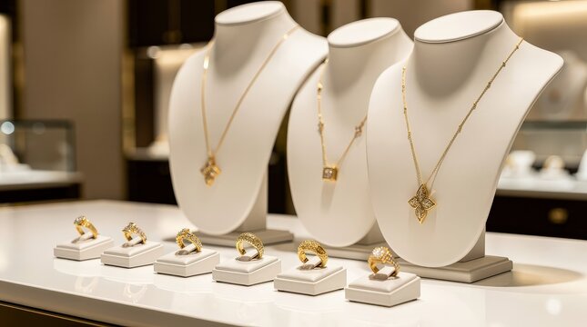 Elegant gold rings and necklaces displayed on white stands in a well-lit jewelry store showcase.