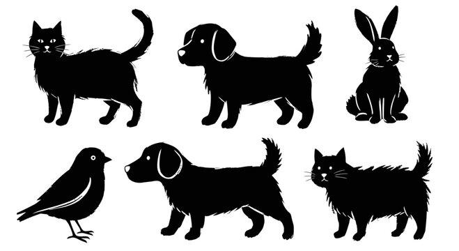Collection of Black Silhouettes of Domestic Animals and Birds.
