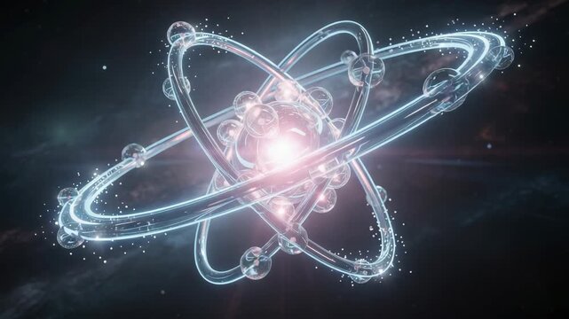 Glowing futuristic atom model with electrons orbiting emitting radiant light particles in deep space