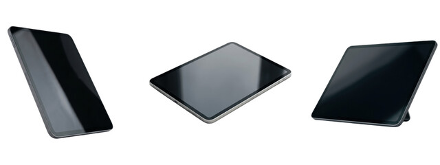 A Set of black tablet device mockups, sleek modern digital screen collection, isolated handheld smart tablet angles for tech branding design PNG   © Loopy