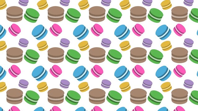 Colorful flat seamless pattern macaroon vector illustration with assorted pastel dessert cookies, ideal for bakery branding, wrapping paper, fabric prints, postcards, stationery, website backgrounds, 