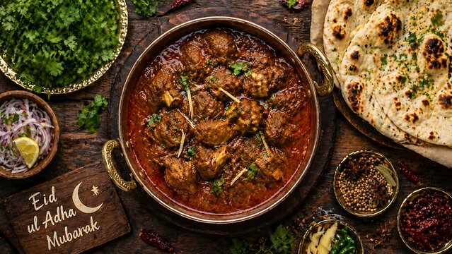 Traditional Eid ul Adha mutton curry in copper pot with naan bread and fresh herbs on rustic wooden board overhead shot