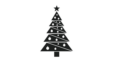 Fototapeta premium Minimalist black silhouette of a Christmas tree decorated with white circular ornaments and a star on top against a white background.