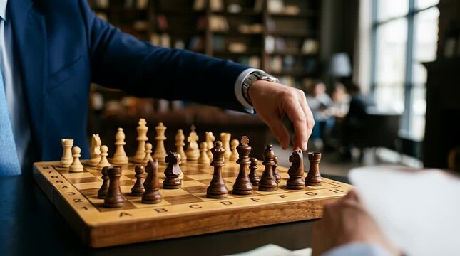 Focused Chess Player Making Strategic Move in Cozy Library Setting