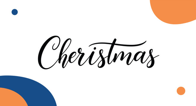 Elegant script typography for the word Christmas spelled with an extra e surrounded by blue and orange dots for holiday greetings.