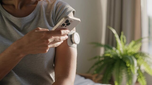 Woman using smartphone to scan glucose monitoring sensor on her arm.