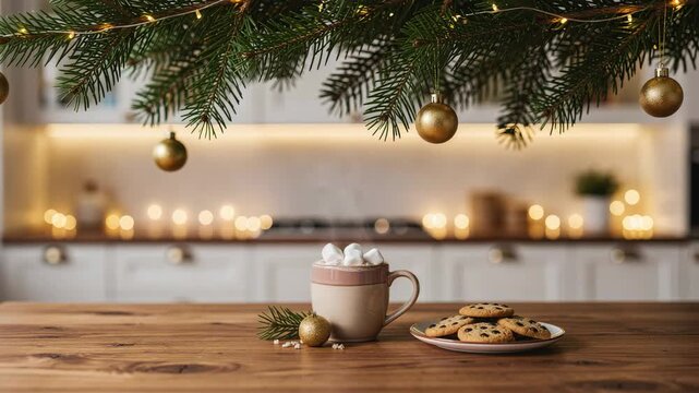 Cozy kitchen scene with steaming hot cocoa marshmallows chocolate chip cookies festive treats
