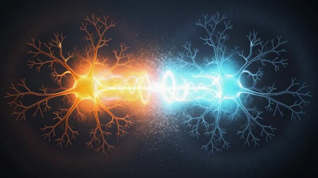 Dynamic animation of electric neuron pulses with vibrant blue and orange sparks illustrating neural communication