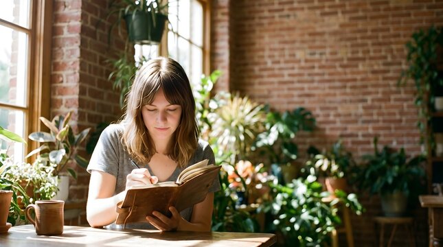 Woman write journal in cozy sunlit room with brick wall and many plants during daytime for personal reflection and creative expression