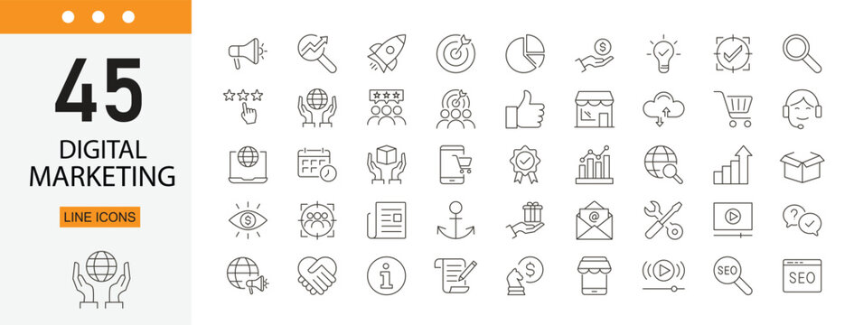 Digital marketing icons set representing online advertising, social media, SEO, content strategy, analytics, branding, email campaigns and customer engagement. Editable Stroke.