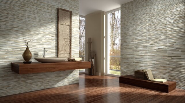 Interior design showcases a modern bathroom vanity area featuring textured stone walls and large windows offering natural light.