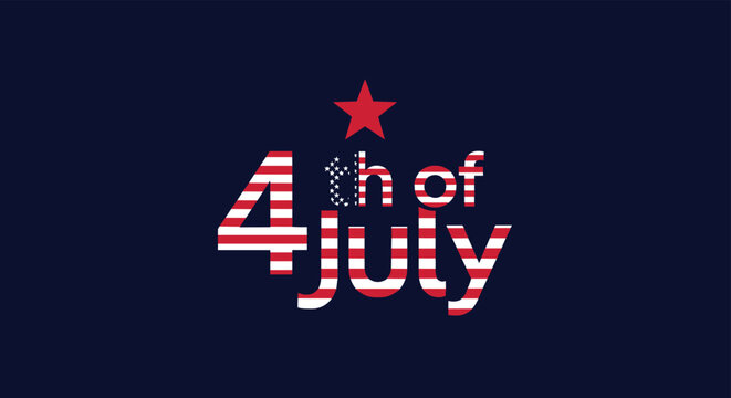 Festive text saying 4th of july decorated with an american flag pattern and a red star on a dark blue background.