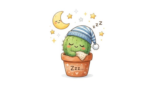 Kawaii sleeping cactus character in flower pot, cute succulent wearing nightcap and blanket, whimsical nursery art with moon and stars