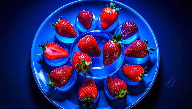 A blue-lit plate of fresh strawberries