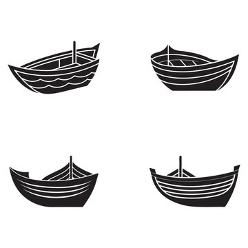 Four black and white boat silhouettes in different styles and shapes for design and decoration  various traditional fishing vessels