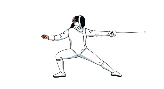 Action illustration of a fencer in a white protective suit and mask lunging forward with an epee during a fencing match.