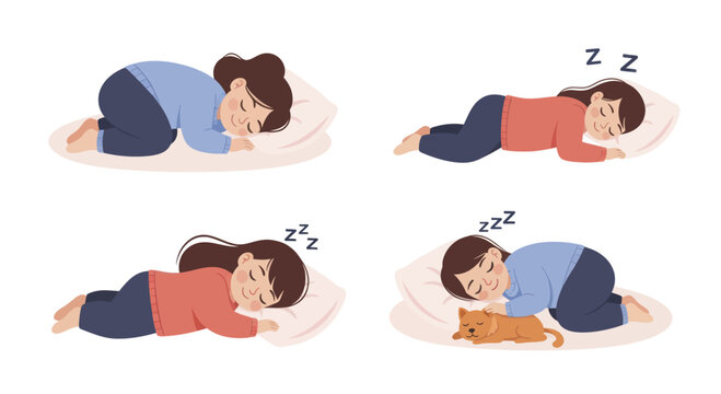 Four people sleeping peacefully in different comfortable positions on pillows.