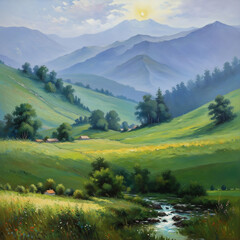 Obraz premium Rolling Green Mountain Valley Stream Oil Painting