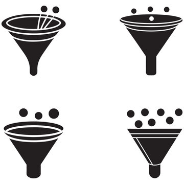 Four black funnel icons with different numbers of balls going through them  representing filtering process
