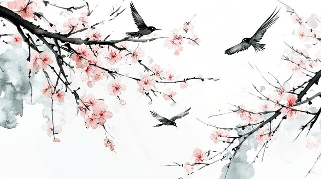 Chinese ink wash traditional willow branches pink blossoms swallows flying white backdrop colorful wash soft gray green elegant serene refined delicate strokes high def wallpaper