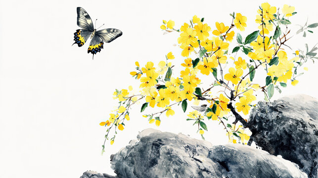 Chinese painting yellow flowers green leaves scattered on rocks butterfly fluttering past white background simple style ink wash traditional brushwork delicate techniques light elegant colors low satu