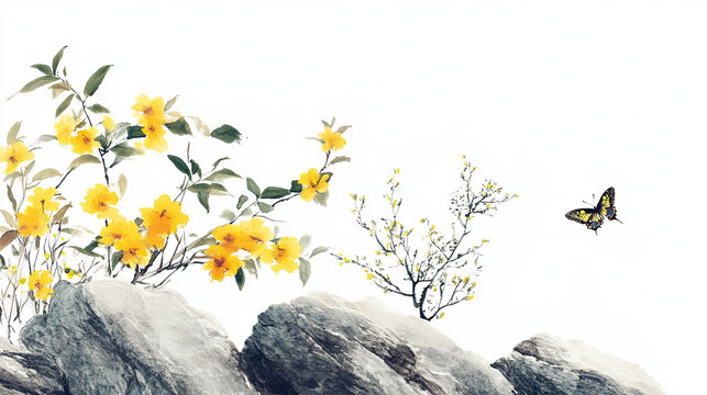 Ink wash Chinese painting yellow blooms green foliage on rocks butterfly flying white background simple composition low saturation light elegant colors traditional landscape high res rich details