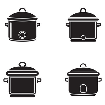 Four black silhouettes of different crock pots with lids and handles on white background  cooking pots  kitchenware