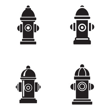 Four black silhouettes of fire hydrants in different orientations on white background  various views of fire hydrant icons