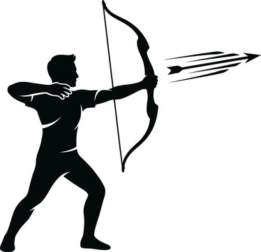 Black silhouette of man aiming and shooting bow and arrow fast  sport and hunting
