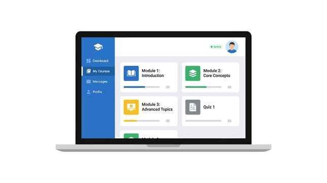 Laptop displaying an e-learning platform dashboard with course modules and navigation.