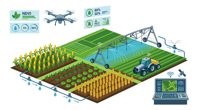 Isometric illustration of smart farming and precision agriculture with drone monitoring, automated irrigation, and data analysis for optimized crop management.