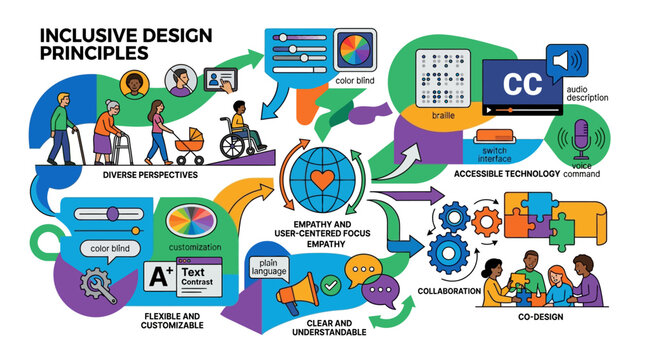 An infographic illustrating inclusive design principles, showcasing diverse perspectives, accessible technology, customization, empathy, collaboration, and co-design for user-centered experiences.