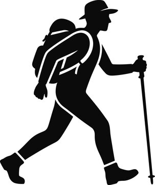 Man hiking with backpack and trekking poles in side profile