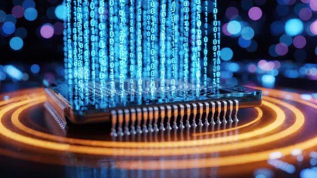 Close up of futuristic microchip processor with glowing digital binary code data on dark circuit background, concept for artificial intelligence, big data processing and high tech computing