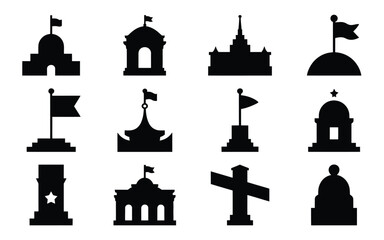Collection of black silhouette icons featuring various monuments and landmarks with flags and domes on white background © PRITOM