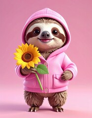 Fototapeta premium Cute sloth wearing a pink hoodie holding a bright sunflower against a pink background, smiling warmly.