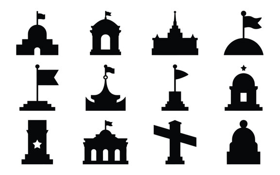 Collection of black silhouette icons featuring various monuments and landmarks with flags and domes on white background
