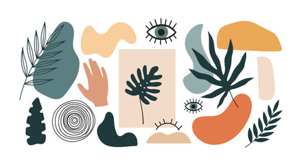 Obraz premium Artistic abstract collage containing various organic elements like leaves, hands, eyes, and geometric shapes in an earthy color palette.