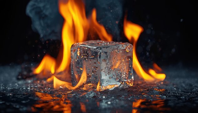 A close-up of a melting ice cube surrounded by vibrant orange flames against a dark background.