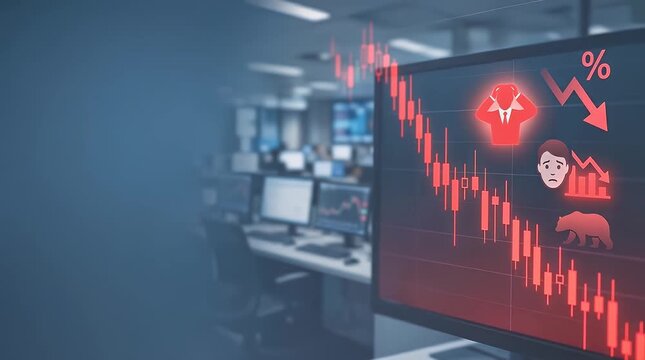 Red Graph Decline with Emotional Icons in a Modern Office
