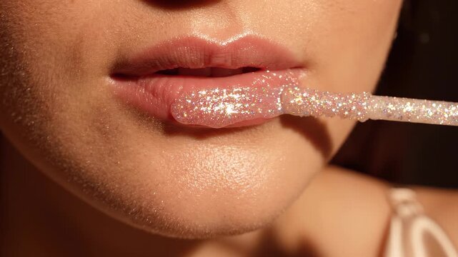 Close up of Marketing Manager lips applying shimmering holographic lip gloss with wand applicator, concept for beauty advertising, cosmetic tutorial and professional morning office routine