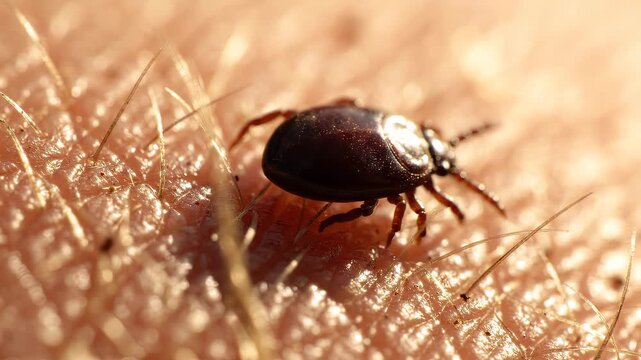 Close up macro shot of a parasitic wood tick crawling on hairy human skin surface under bright sunlight, concept for lyme disease awareness, parasite prevention and medical education