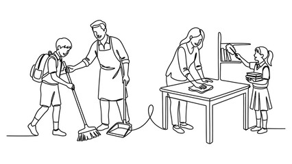 Obraz premium family cleaning and cooking together at home.