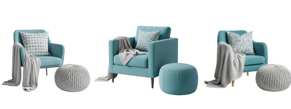 Fresh teal armchairs with textured cushions, throws and poufs creating a bright, inviting modern living room reading corner with coastal inspired cozy home decor


