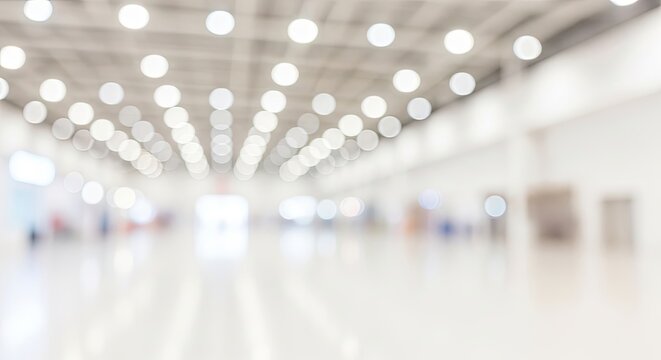 Abstract blurred background of a modern exhibition hall with bright ceiling lights.