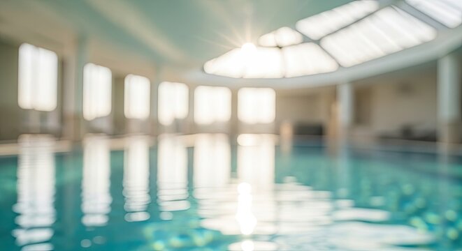 Blurred background of a luxury indoor swimming pool with tranquil water and bright light from windows.